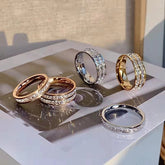 Korean version of high-end light luxury ring stainless steel jewelry female gypsy star design double row full diamond set couple ring